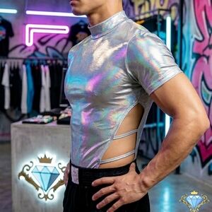 SHEIN X Manfinity Metallic Silver Side Cutout Bodysuit - Medium Festival Summer